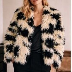 TIBI FAUX FUR SUKA BLACK & CREAM SHAGGY JACKET SIZE XS